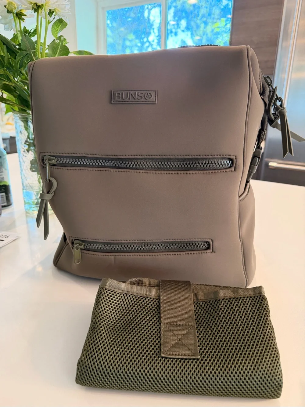 Green neoprene diaper bag backpack
